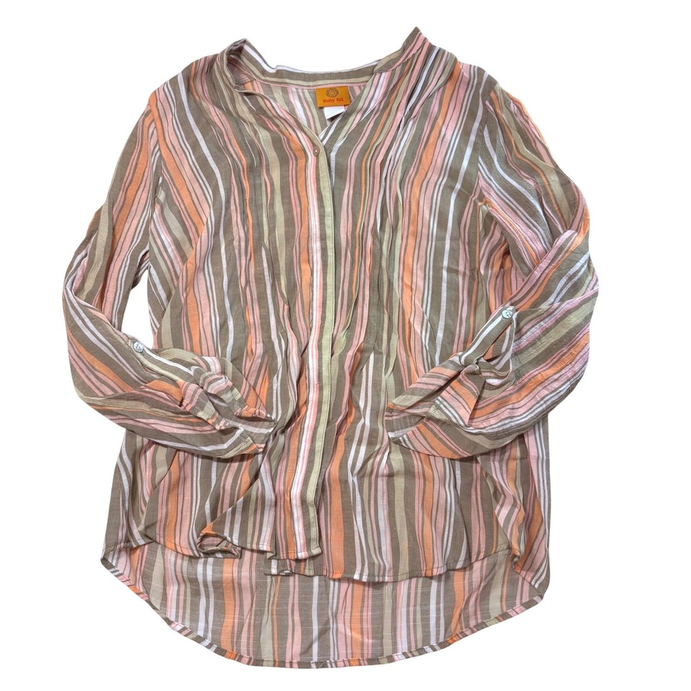 Ruby Rd Womens Orange Pink Striped Roll Tab Sleeve Button Front Blouse Size M